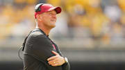 Oct 11, 2025; Columbia, Missouri, USA; Alabama Crimson Tide head coach Kalen Deboer reacts during the second half of the game against the Missouri Tigers at Faurot Field at Memorial Stadium. 