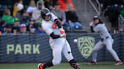 Oregon State infielder Jacob Krieg hits a home run as the Oregon Ducks host the Oregon State Beavers Tuesday, April 30, 2024, at PK Park in Eugene, Ore.