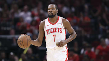 Oct 8, 2025; Houston, Texas, USA; Houston Rockets forward Kevin Durant (7) brings the ball up the court during the third quarter against the Utah Jazz at Toyota Center. Mandatory Credit: Troy Taormina-Imagn Images