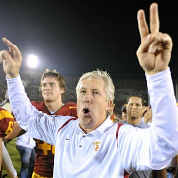 Nov 8, 2008; Los Angeles, CA, USA; Southern California Trojans coach Pete Carroll celebrates after game against the California Golden Bears at the Los Angeles Memorial Coliseum. USC defeated California 17-3. Mandatory Credit: Kirby Lee/Image of Sport-Imagn Images