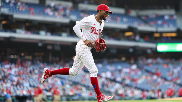 Aug 14, 2024; Philadelphia, Pennsylvania, USA; Philadelphia Phillies outfielder Johan Rojas takes the field.