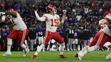 Sep 19, 2021; Baltimore, Maryland, USA;  Kansas City Chiefs quarterback Patrick Mahomes (15) throws