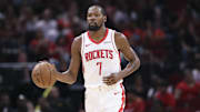 Oct 8, 2025; Houston, Texas, USA; Houston Rockets forward Kevin Durant (7) brings the ball up the court during the third quarter against the Utah Jazz at Toyota Center. Mandatory Credit: Troy Taormina-Imagn Images