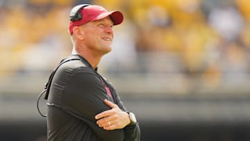 Oct 11, 2025; Columbia, Missouri, USA; Alabama Crimson Tide head coach Kalen Deboer reacts during the second half of the game against the Missouri Tigers at Faurot Field at Memorial Stadium.