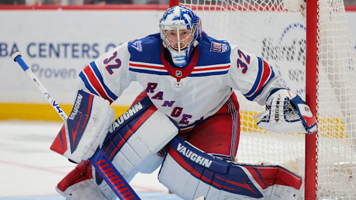 Apr 13, 2026; Sunrise, Florida, USA; New York Rangers goaltender Jonathan Quick (32) defends his net against the Florida Panthers during the third periodat Amerant Bank Arena. 