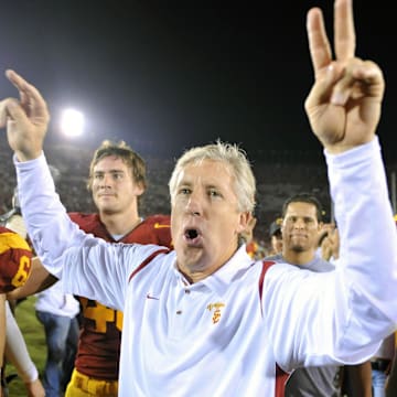 Nov 8, 2008; Los Angeles, CA, USA; Southern California Trojans coach Pete Carroll celebrates after game against the California Golden Bears at the Los Angeles Memorial Coliseum. USC defeated California 17-3. Mandatory Credit: Kirby Lee/Image of Sport-Imagn Images