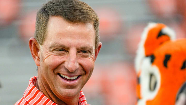 Clemson football Head Coach Dabo Swinney smiles with students and university staff before a Good Morning America’s 50 States in 50 Days show in Memorial Stadium in Clemson, S.C. Thursday, August 21, 2025.