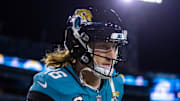 Jan 14, 2023; Jacksonville, Florida, USA; Jacksonville Jaguars quarterback Trevor Lawrence (16) against the Los Angeles Chargers during a wild card game at TIAA Bank Field. Mandatory Credit: Mark J. Rebilas-Imagn Images
