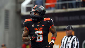 Nov 11, 2023; Corvallis, Oregon, USA; Oregon State Beavers running back Damien Martinez (6) celebrates after scoring a touchdown during the first half against the Stanford Cardinal at Reser Stadium. Mandatory Credit: Soobum Im-USA TODAY Sports
