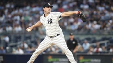 Sep 5, 2023; Bronx, New York, USA;  New York Yankees starting pitcher Gerrit Cole (45) pitches in the first inning against the Detroit Tigers at Yankee Stadium. Mandatory Credit: Wendell Cruz-USA TODAY Sports