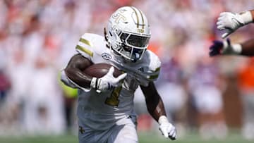 Sep 13, 2025; Atlanta, Georgia, USA; Georgia Tech Yellow Jackets running back Jamal Haynes (1) runs the ball against the Clemson Tigers in the third quarter at Bobby Dodd Stadium at Hyundai Field. Mandatory Credit: Brett Davis-Imagn Images
