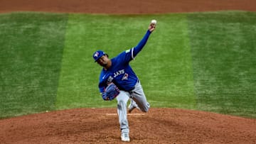 Sep 21, 2024; St. Petersburg, Florida, USA; Toronto Blue Jays pitcher Génesis Cabrera (92) throws a pitch against the Tampa Bay Rays in the eighth inning at Tropicana Field. Mandatory Credit: Nathan Ray Seebeck-Imagn Images