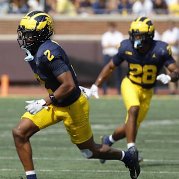 Sep 14, 2024; Ann Arbor, Michigan, USA;  Michigan Wolverines defensive back Will Johnson (2) pursues a play against the Arkansas State Red Wolves at Michigan Stadium. Mandatory Credit: Rick Osentoski-Imagn Images