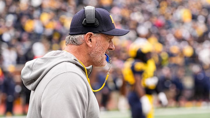 Michigan head coach Kyle Whittingham watches a play during the spring game at Michigan Stadium in Ann Arbor on Saturday, April 18, 2026.