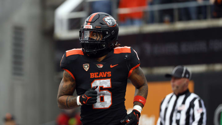 Nov 11, 2023; Corvallis, Oregon, USA; Oregon State Beavers running back Damien Martinez (6) celebrates after scoring a touchdown during the first half against the Stanford Cardinal at Reser Stadium. Mandatory Credit: Soobum Im-USA TODAY Sports