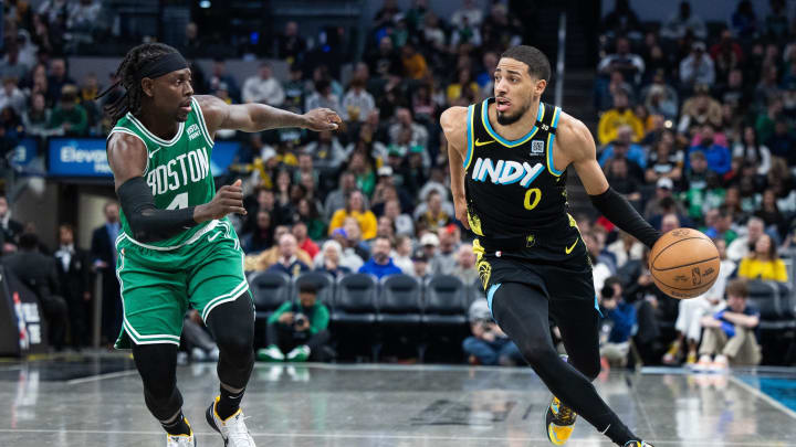 Jan 6, 2024; Indianapolis, Indiana, USA; Indiana Pacers guard Tyrese Haliburton (0) dribbles the