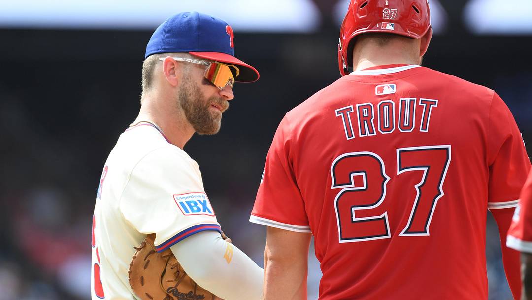 Jul 20, 2025; Philadelphia, Pennsylvania, USA; Philadelphia Phillies first base Bryce Harper (3) and Los Angeles Angels outfielder Mike Trout (27) during the sixth inning at Citizens Bank Park. Mandatory Credit: Eric Hartline-Imagn Images Jul 20, 2025; Philadelphia, Pennsylvania, USA; Philadelphia Phillies first base Bryce Harper (3) and Los Angeles Angels outfielder Mike Trout (27) during the sixth inning at Citizens Bank Park. Mandatory Credit: Eric Hartline-Imagn Images