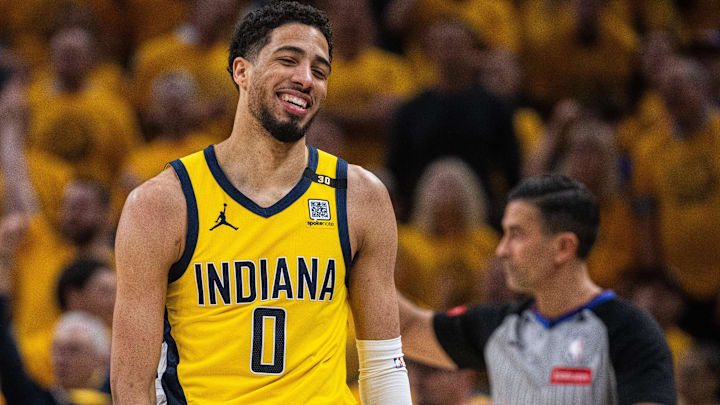 May 17, 2024; Indianapolis, Indiana, USA; Indiana Pacers guard Tyrese Haliburton (0) smiles during game six of the second round for the 2024 NBA playoffs against the New York Knicks at Gainbridge Fieldhouse. Mandatory Credit: Trevor Ruszkowski-Imagn Images