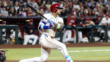 Sep 16, 2025; Phoenix, Arizona, USA; Arizona Diamondbacks second baseman Ketel Marte against the San Francisco Giants at Chase Field. Mandatory Credit: Mark J. Rebilas-Imagn Images