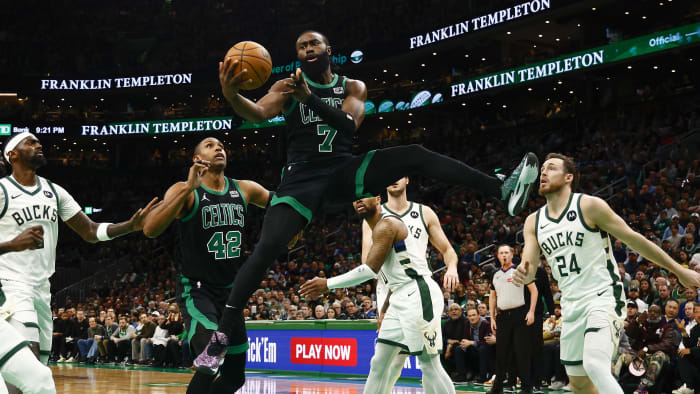 Mar 20, 2024; Boston, Massachusetts, USA; Boston Celtics guard Jaylen Brown (7) drives into the lane.