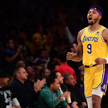 Mar 1, 2022; Los Angeles, California, USA; Los Angeles Lakers forward Kent Bazemore (9) reacts against the Dallas Mavericks during the second half at Crypto.com Arena. Mandatory Credit: Gary A. Vasquez-Imagn Images