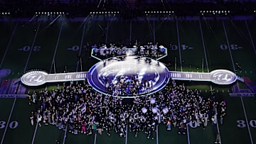 Feb 11, 2024; Paradise, Nevada, USA; Recording artist Usher performs during the halftime show of Super Bowl LVIII between Kansas City Chiefs and San Francisco 49ers at Allegiant Stadium. Mandatory Credit: James Lang-Imagn Images
