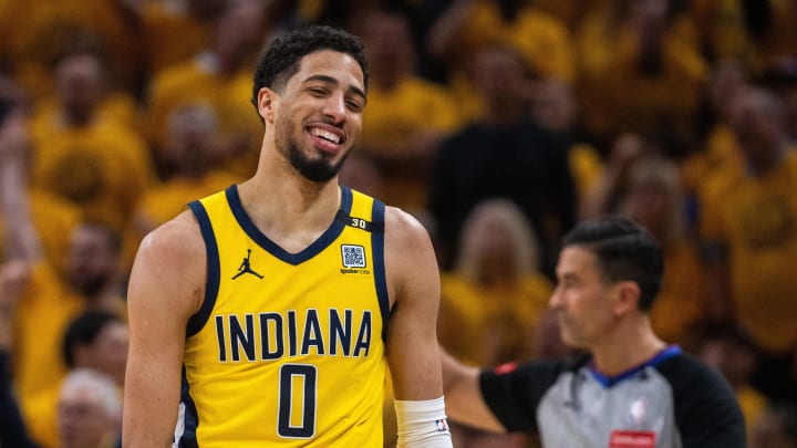 May 17, 2024; Indianapolis, Indiana, USA; Indiana Pacers guard Tyrese Haliburton (0) smiles during game six of the second round for the 2024 NBA playoffs against the New York Knicks at Gainbridge Fieldhouse. Mandatory Credit: Trevor Ruszkowski-USA TODAY Sports