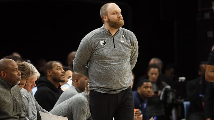 Nov 26, 2023; Memphis, Tennessee, USA; Memphis Grizzlies head coach Taylor Jenkins watches the first
