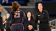 Feb 20, 2025; Los Angeles, California, USA; Illinois Fighting Illini head coach Shauna Green and Illinois Fighting Illini forward Brynn Shoup-Hill (23) during the second quarter against the UCLA Bruins at Pauley Pavilion presented by Wescom. Mandatory Credit: Robert Hanashiro-Imagn Images