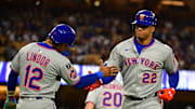 Jun 3, 2025; Los Angeles, California, USA; New York Mets outfielder Juan Soto (22) reacts with shortstop Francisco Lindor (12) after hitting a two run home run against the Los Angeles Dodgers during the third inning at Dodger Stadium. Mandatory Credit: Gary A. Vasquez-Imagn Images