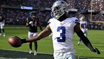 Sep 21, 2025; Chicago, Illinois, USA; Dallas Cowboys wide receiver George Pickens (3) reacts after scoring a touchdown against the Chicago Bears during the first half at Soldier Field. Mandatory Credit: Matt Marton-Imagn Images