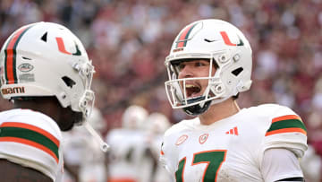 Nov 11, 2023; Tallahassee, Florida, USA; Miami Hurricanes quarterback Emory Williams (17) celebrates a touchdown pass against the Florida State Seminoles during the second half at Doak S. Campbell Stadium. Mandatory Credit: Melina Myers-USA TODAY Sports