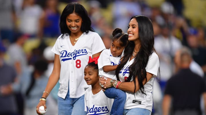 Natalia Bryant with sisters Bianka and Capri with their mother Vanessa Bryant in attendance at Dodger Stadium.