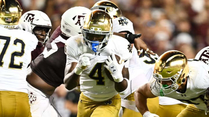 Aug 31, 2024; College Station, Texas, USA; Notre Dame Fighting Irish running back Jeremiyah Love (4) breaks free and runs the ball into the end zone for a touchdown in the fourth quarter against the Texas A&M Aggies at Kyle Field.