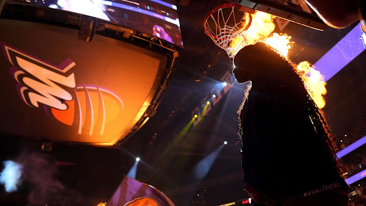 Mercury players are introduced before their game against the New York Liberty at PHX Arena on Aug 30, 2025, in Phoenix. Mercury players are introduced before their game against the New York Liberty at PHX Arena on Aug 30, 2025, in Phoenix.