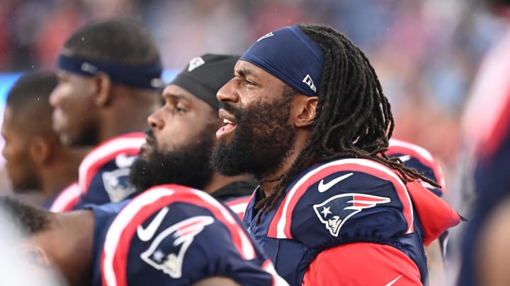 August 8, 2024; Foxborough, MA, USA;  New England Patriots linebacker Matthew Judon (9) on the sideline during the first half against the Carolina Panthers at Gillette Stadium. Mandatory Credit: Eric Canha-USA TODAY Sports