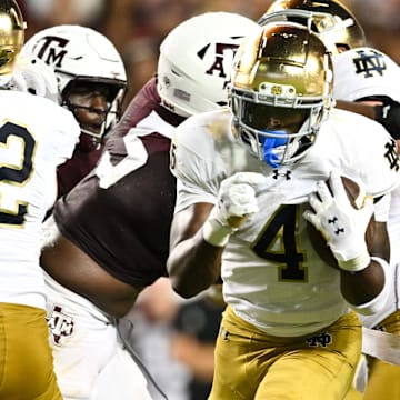 Aug 31, 2024; College Station, Texas, USA; Notre Dame Fighting Irish running back Jeremiyah Love (4) breaks free and runs the ball into the end zone for a touchdown in the fourth quarter against the Texas A&M Aggies at Kyle Field. Mandatory Credit: Maria Lysaker-Imagn Images