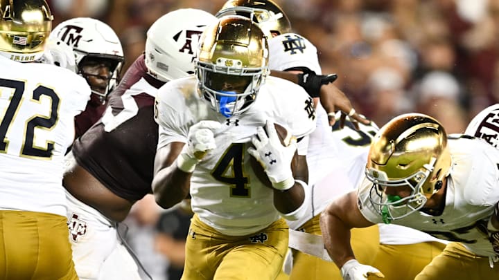 Aug 31, 2024; College Station, Texas, USA; Notre Dame Fighting Irish running back Jeremiyah Love (4) breaks free and runs the ball into the end zone for a touchdown in the fourth quarter against the Texas A&M Aggies at Kyle Field. Mandatory Credit: Maria Lysaker-Imagn Images