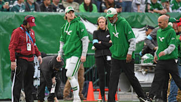 Dec 29, 2024; Philadelphia, Pennsylvania, USA; Philadelphia Eagles quarterback Kenny Pickett (7) walks off the field after being injured against the Dallas Cowboys at Lincoln Financial Field. Mandatory Credit: Eric Hartline-Imagn Images