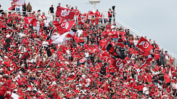 Sep 20, 2025; Salt Lake City, Utah, USA; Utah Utes supporters celebrate a touchdown against the Texas Tech Red Raiders during the fourth quarter at Rice-Eccles Stadium. Mandatory Credit: Rob Gray-Imagn Images