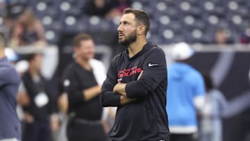 Aug 16, 2025; Houston, Texas, USA; Houston Texans offensive coordinator Nick Caley stands on the field before the game against the Carolina Panthers at NRG Stadium. Mandatory Credit: Troy Taormina-Imagn Images