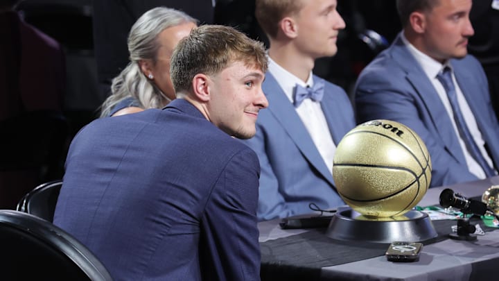 Flagg looks on during the 2025 NBA Draft at Barclays Center. Flagg looks on during the 2025 NBA Draft at Barclays Center.