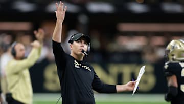 New Orleans Saints head coach Kellen Moore reacts during a game against the New England Patriots on Oct. 12, 2025.