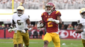 Nov 26, 2016; Los Angeles, CA, USA; Southern California Trojans defensive back Adoree Jackson (2) scores on a 52-yard touchdown reception in the third quarter during a NCAA football game against the Notre Dame Fighting Irish at Los Angeles Memorial Coliseum. Mandatory Credit: Kirby Lee-USA TODAY Sports