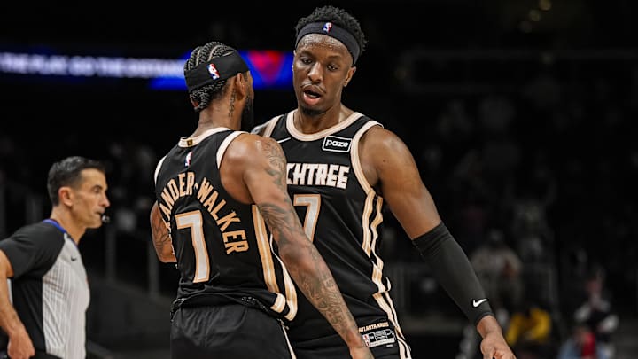 Nickeil Alexander-Walker and Onyeka Okongwu celebrating during Hawks vs. Magic game