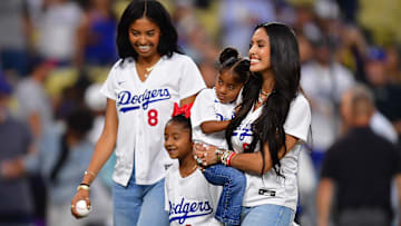 Natalia Bryant with sisters Bianka and Capri with their mother Vanessa Bryant in attendance at Dodger Stadium.