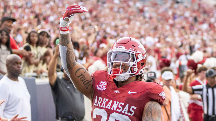 Arkansas Razorbacks running back Ja'Quinden Jackson in the end zone against UAPB in Little Rock, Ark.