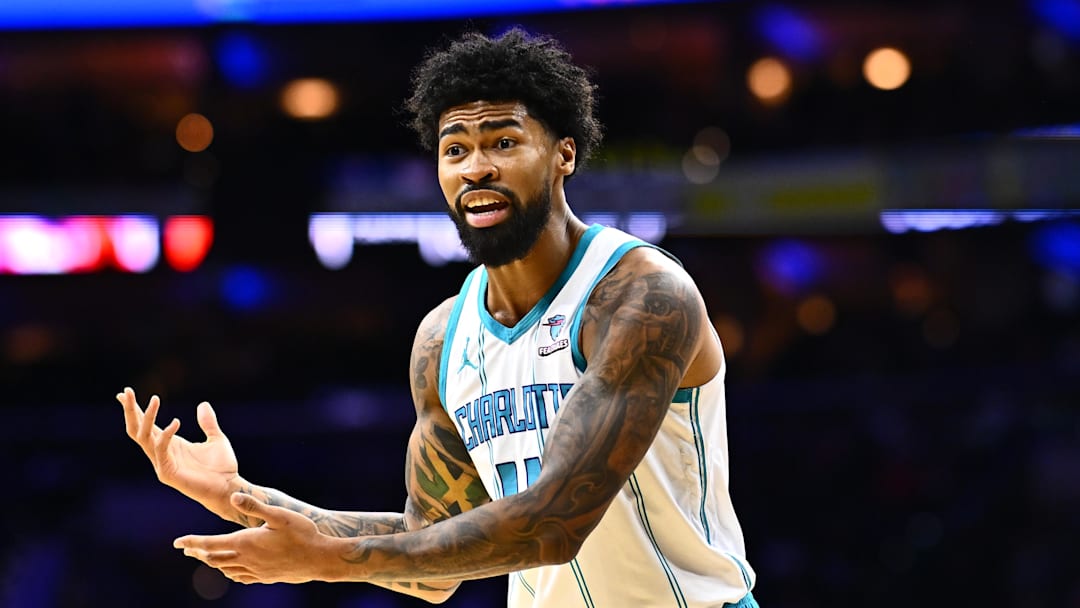 Charlotte Hornets center Nick Richards (4) reacts against the Philadelphia 76ers in the first quarter at Wells Fargo Center on March 16, 2024.