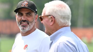 Cleveland Browns head coach Kevin Stefanski and managing and principal partner Jimmy Haslam during mini camp at CrossCountry Mortgage Campus.