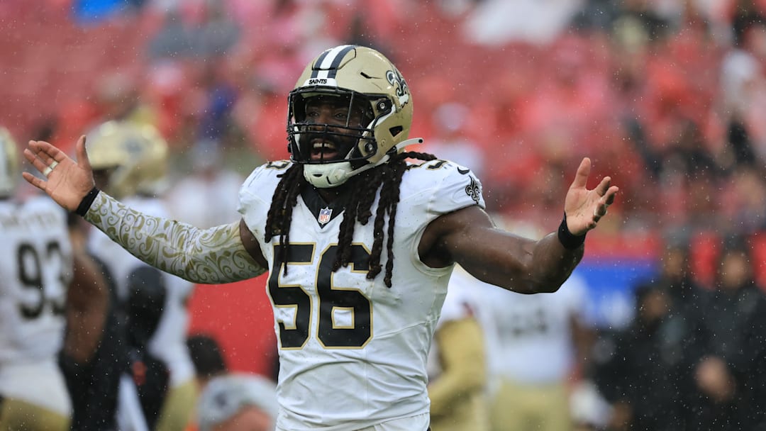 Dec 7, 2025; Tampa, Florida, USA; New Orleans Saints linebacker Demario Davis (56) reacts after a tackle during the second quarter against the Tampa Bay Buccaneers at Raymond James Stadium. Mandatory Credit: Kim Klement Neitzel-Imagn Images